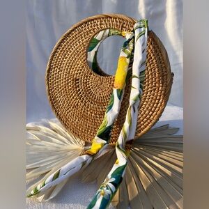 Round Woven Rattan Handbag with Lemon Accent Fabric NWT